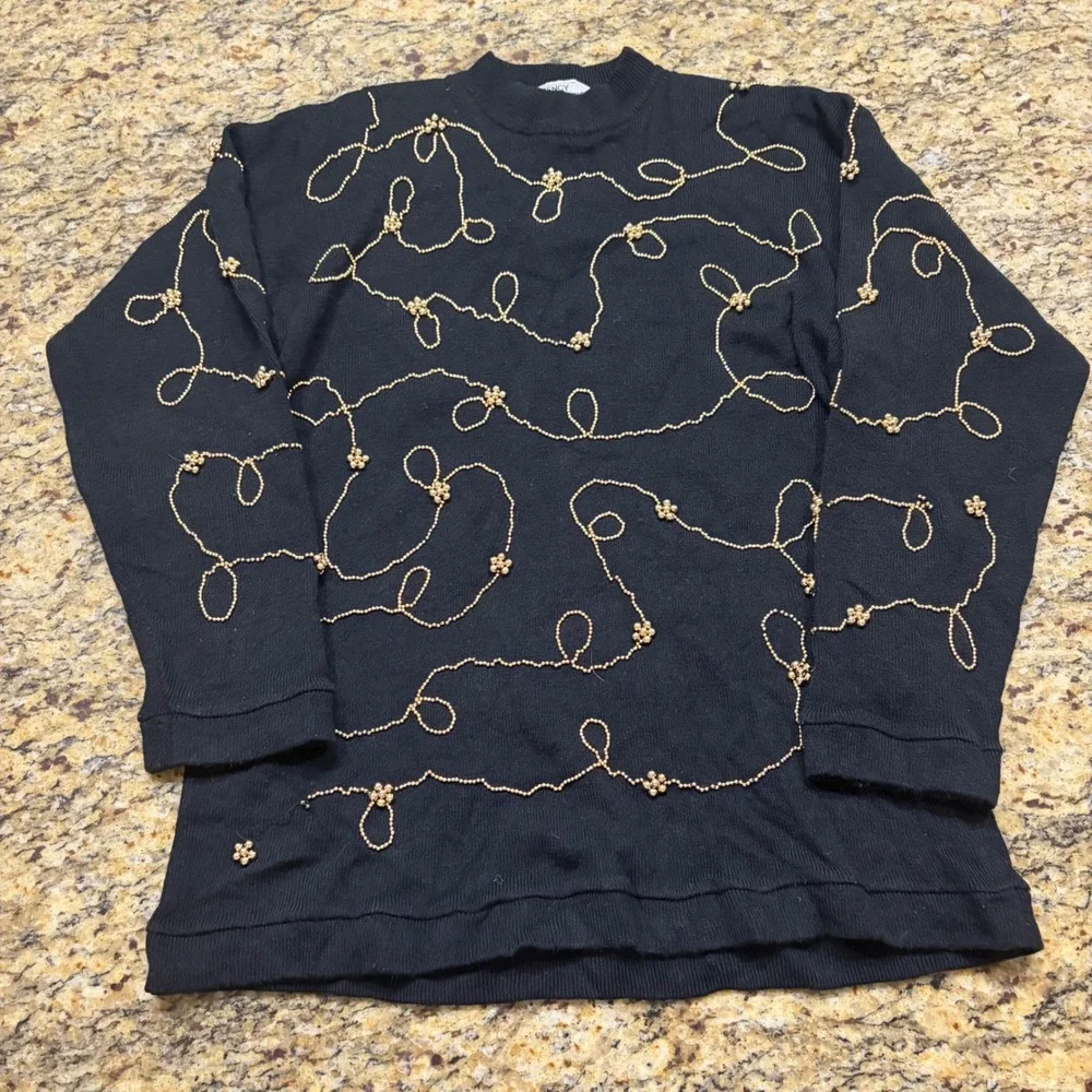 Regency Collection for Joyce Vintage Black Gold Beaded Knit Sweater L Mockneck